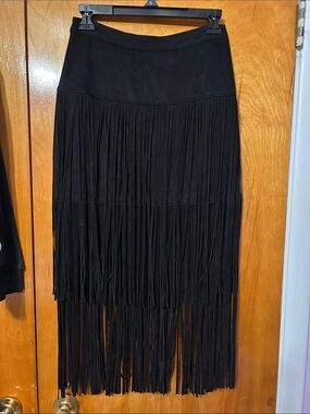 Design Lab Lord & Taylor Black Fringe High-Low Midi Skirt